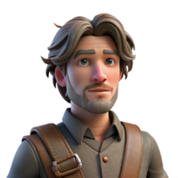 sumptuous distinguished Portrait of a weary traveler with a worn leather satchel, windblown hair, and a determined look, lit by the setting sun, in a rustic style png