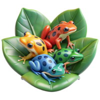 mesmerizing coveted A group of brightly colored poison dart frogs clustered on a giant, glistening leaf in a rainforest, illuminated by shafts of sunlight, in a vibrant, illustrative style png
