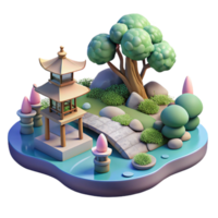 romantic picturesque A traditional Japanese garden with a pond, stone lanterns, and carefully pruned trees, soft diffuse daylight, photorealistic style refined png