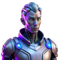 radiant memorable Portrait of a futuristic cyborg with glowing implants, metallic limbs, and a determined expression, lit by neon city lights, in a cyberpunk style png