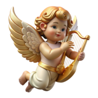 dynamic mesmerizing A winged cherub playing a golden harp, soft celestial light, Renaissance painting style detailed png