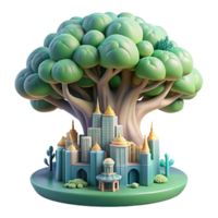 melancholic breathtaking A giant tree with a city built into its branches, fantasy style, soft natural light, whimsical, original png