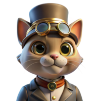 reflective radiant A portrait of a steampunk cat wearing miniature goggles and a tiny brass top hat, illuminated by a soft, warm light. Warm lighting, whimsical style 4K png