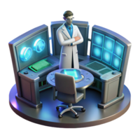 whimsical dramatic A lone scientist, working at a futuristic computer console, surrounded by holographic displays, bathed in the cool light of the monitors. Cyberpunk lighting, realistic style crisp png