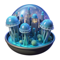 unparalleled art deco A floating city inspired by jellyfish, bioluminescent lighting, underwater setting, studio quality png