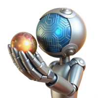 peaceful striking A chrome robot hand delicately holding a glowing orb of data, intricate circuitry visible beneath its polished surface, dramatic chiaroscuro lighting, Art Deco style original png