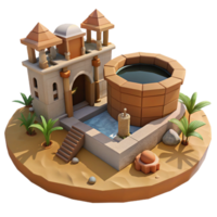 magnificent peaceful modern A desert oasis town built around a massive, ancient well, warm midday sun, earthy and textured style, matte painting render refined png