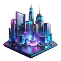 extraordinary iconic A futuristic cityscape at night, towering holographic advertisements shimmering in the rain, cyberpunk style, neon lights reflecting in puddles, viewed from a low angle png