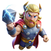 splendid ethereal renaissance Thor, the Norse god of thunder, wielding Mjolnir, lightning crackling around him, against a backdrop of a stormy sky. Comic book style precision png