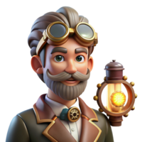 sought after creative Portrait of a steampunk inventor with goggles, gears, and intricate gadgets, lit by flickering gaslight, in a retro futuristic style original png