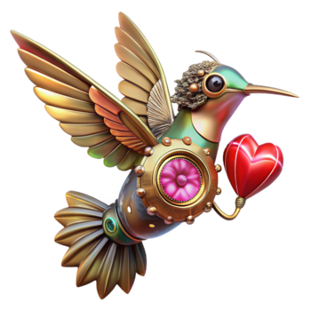 stunning dynamic organic A steampunk hummingbird, with delicate clockwork wings and a ruby heart, hovering over a mechanical flower, in a vibrant, Art Nouveau style high resolution png