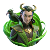 captivating minimalist A mischievous Loki, the Norse god of trickery, shape shifting into a raven, surrounded by green, swirling magic. Digital painting style museum quality png