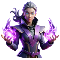 signature mid century Portrait of a powerful sorceress with glowing hands, surrounded by swirling arcane energy, lit by an ethereal purple light flawless png