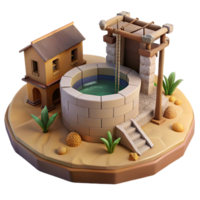 serene standout A desert oasis town built around a massive, ancient well, warm midday sun, earthy and textured style, matte painting render png