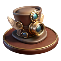splendid quintessential A steampunk top hat, adorned with gears, goggles, and miniature wings, resting on a velvet cushion. Dramatic, spotlight lighting. Photorealistic style png