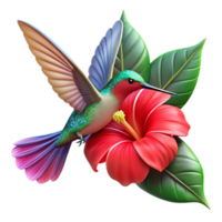 dazzling rustic A vibrant hummingbird hovering near a bright red hibiscus flower, with dew drops glistening on its wings, rendered in a photorealistic style with soft natural light studio quality png