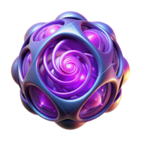fascinating remarkable A quantum computer core, pulsing with energy, complex geometric patterns swirling within its transparent shell, illuminated by ethereal purple light, in a realistic style png