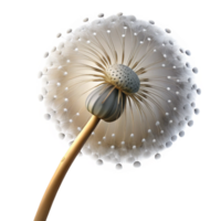 stunning futuristic A single dandelion seedhead with seeds dispersing in the wind, lit by a dramatic spotlight, surrealist style 4K png