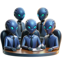 serene memorable A group of alien diplomats, with skin like polished obsidian and eyes like glowing embers, meets in a holographic conference room. Sci fi style, formal lighting png
