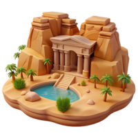 glorious timeless Desert oasis with a hidden temple carved into sandstone cliffs, harsh midday sun, photorealistic style png