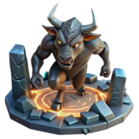 playful immaculate A fierce minotaur charging through a labyrinth of polished obsidian, lit by glowing runes carved into the walls. Dark fantasy style sharp png
