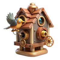 acclaimed avant garde A steampunk birdhouse, intricately crafted from gears and cogs, with a small robotic bird perched on top. Soft, morning light. whimsical style artisan png
