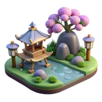 spectacular abstract A traditional Japanese garden with a pond, stone lanterns, and carefully pruned trees, soft diffuse daylight, photorealistic style sharp png