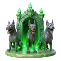 spectacular classic Cerberus, the three headed hound of Hades, guarding the gates of the underworld, bathed in an eerie green glow, digital painting style artisan png