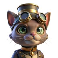 impressive intense avant garde A portrait of a steampunk cat wearing goggles and a tiny top hat, with gears and springs embedded in its fur, lit by a soft, warm lamplight crisp png