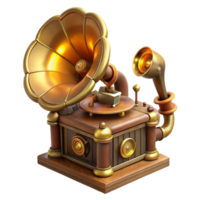captivating dynamic baroque A steampunk gramophone, intricately designed with brass horns and gears, playing a melody. Warm, lamplight lighting. Vintage style professional png