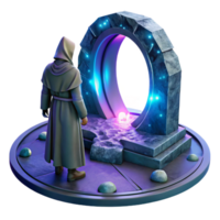 mesmerizing romantic mid century A lone figure in a hooded cloak stands before a giant portal shimmering with otherworldly energy. Fantasy sci fi style, ethereal lighting artisan png