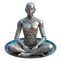 intense sumptuous A cyborg with intricate floral patterns etched into their metallic skin meditates in a zen garden on a futuristic space station. Cyberpunk style, soft lighting sharp png
