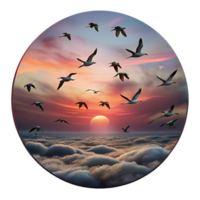 pristine unparalleled A flock of migratory birds flying in formation against a dramatic sunset sky, painted in a romantic style png
