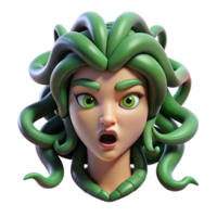 sought after abstract Medusa, with snakes for hair, each individually detailed, a look of venomous rage in her eyes, dimly lit with a green glow. Surrealist style exclusive png