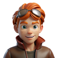 spectacular joyful futuristic Portrait of a young man with fiery red hair and freckles, a mischievous glint in his eye, wearing a leather aviator jacket, dramatically lit from below handcrafted png