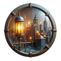peaceful splendid A steampunk cityscape, viewed through a rain streaked window, illuminated by the flickering glow of gaslights. Impressionistic style, muted colors handcrafted png