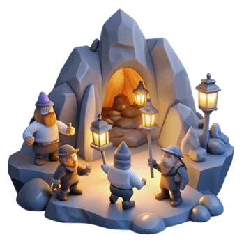 nostalgic impressive A group of dwarves mining for gems in a mountain cave, illuminated by the glow of their lanterns. Tolkien esque style ultra HD png