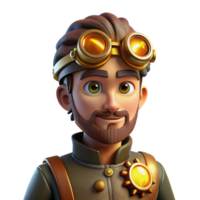 reflective impressive Portrait of a steampunk inventor with goggles and intricate clockwork gears embedded in their skin, lit by the warm glow of flickering gaslight detailed png
