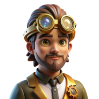unforgettable coastal Portrait of a steampunk inventor with goggles and intricate clockwork gears embedded in their skin, lit by the warm glow of flickering gaslight ultra HD png