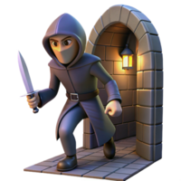 stunning contemporary A cunning rogue sneaking through a dimly lit alleyway, a dagger glinting in his hand. Low key lighting, noir style handcrafted png