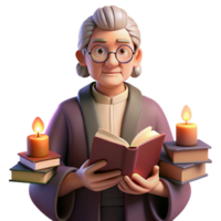majestic calm coastal Portrait of a wizened old librarian surrounded by floating books, wearing spectacles and a velvet robe, lit by warm candlelight, in a painterly style 8K png