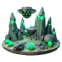 signature mid century A desolate alien landscape with strange rock formations, eerie green lighting, otherworldly atmosphere, science fiction style, studio quality png