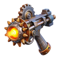 energetic glorious A steampunk weapon, with rotating gears and glowing energy core, ready to fire. Intense, dynamic lighting. Sci fi art style studio quality png