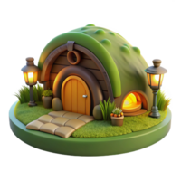 whimsical captivating A hobbit hole nestled in a hillside, lush green grass, warm firelight, cozy atmosphere, top tier png