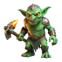 exquisite bold elegant A grotesque goblin with warty green skin wielding a rusty axe, dimly lit by a single torch, in a gritty dark fantasy style crisp png