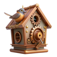 notable creative A steampunk birdhouse, intricately crafted from gears and cogs, with a small robotic bird perched on top. Soft, morning light. whimsical style high resolution png