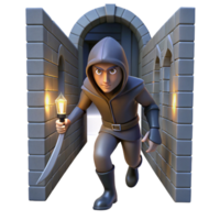 timeless organic A cunning rogue sneaking through a dimly lit alleyway, a dagger glinting in his hand. Low key lighting, noir style fine detail png