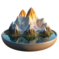 spectacular playful geometric A majestic snow capped mountain range reflecting in a crystal clear alpine lake, hyperrealistic style, golden hour lighting high resolution png