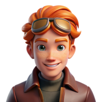 captivating avant garde Portrait of a young man with fiery red hair and freckles, a mischievous glint in his eye, wearing a leather aviator jacket, dramatically lit from below expertly shot png