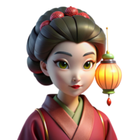 sought after urban Portrait of a melancholic geisha with emerald eyes, wearing a crimson kimono with intricate gold embroidery, illuminated by a single paper lantern casting soft, warm light flawless png